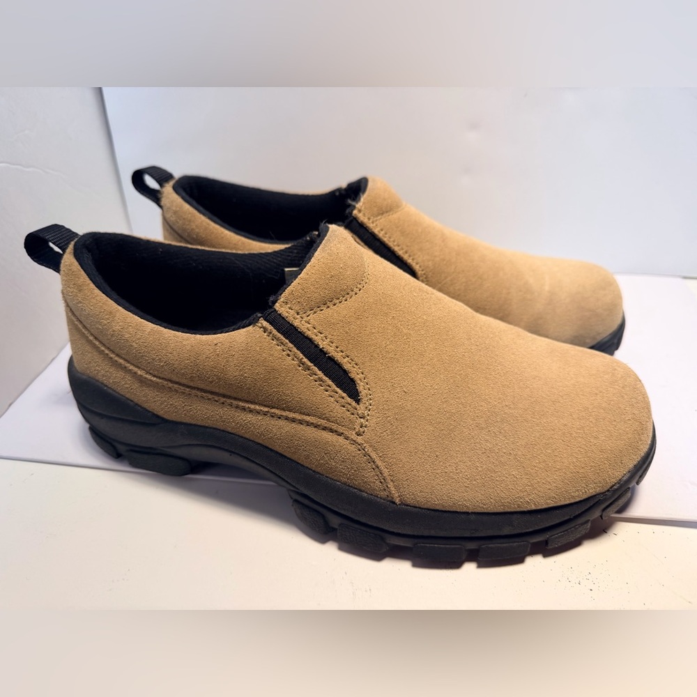 Lands End Moc Shoes Women 8B Tan Suede Leather Slip On Loafer Clog Comfort 86168